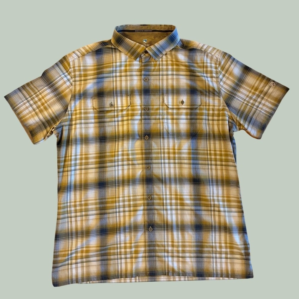 Kuhl Mens Large Plaid Short Sleeve Button Down Shirt Hiking Outdoor Yellow Blue